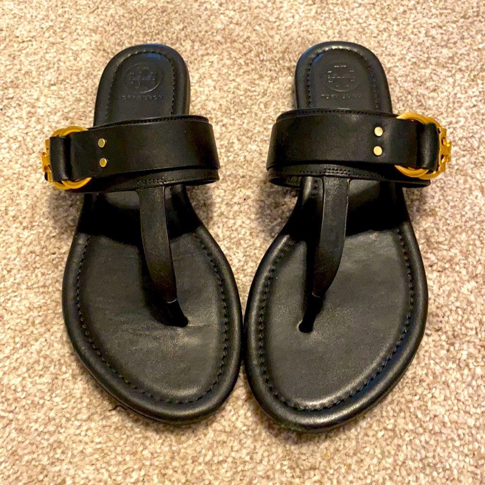 Black Leather Tory Burch Flip Flip Sandals Size 8